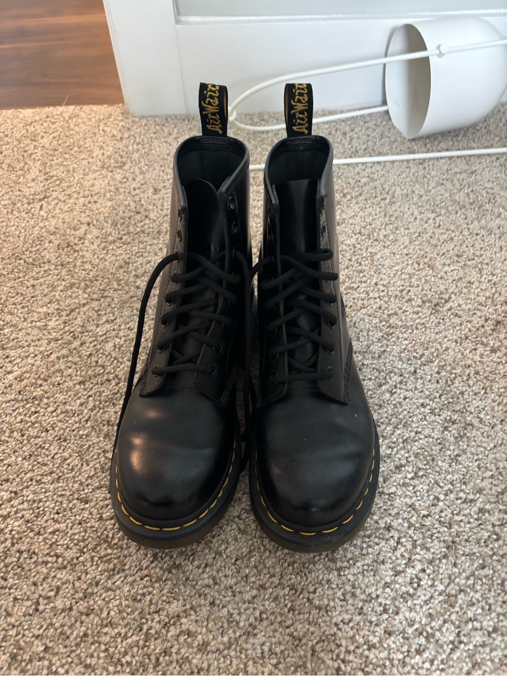 Dr. Martens Black Leather 8-Eye Lace-Up Boots with Yellow Stitching